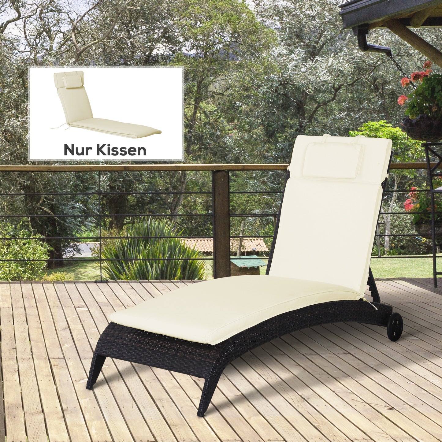 Outsunny Liegenauflage Liegenpolster Gartenliege mit Kopfkissen abnehmbar Bezug Cremeweiß 198 x 53 x 5 cm NUR Kissen