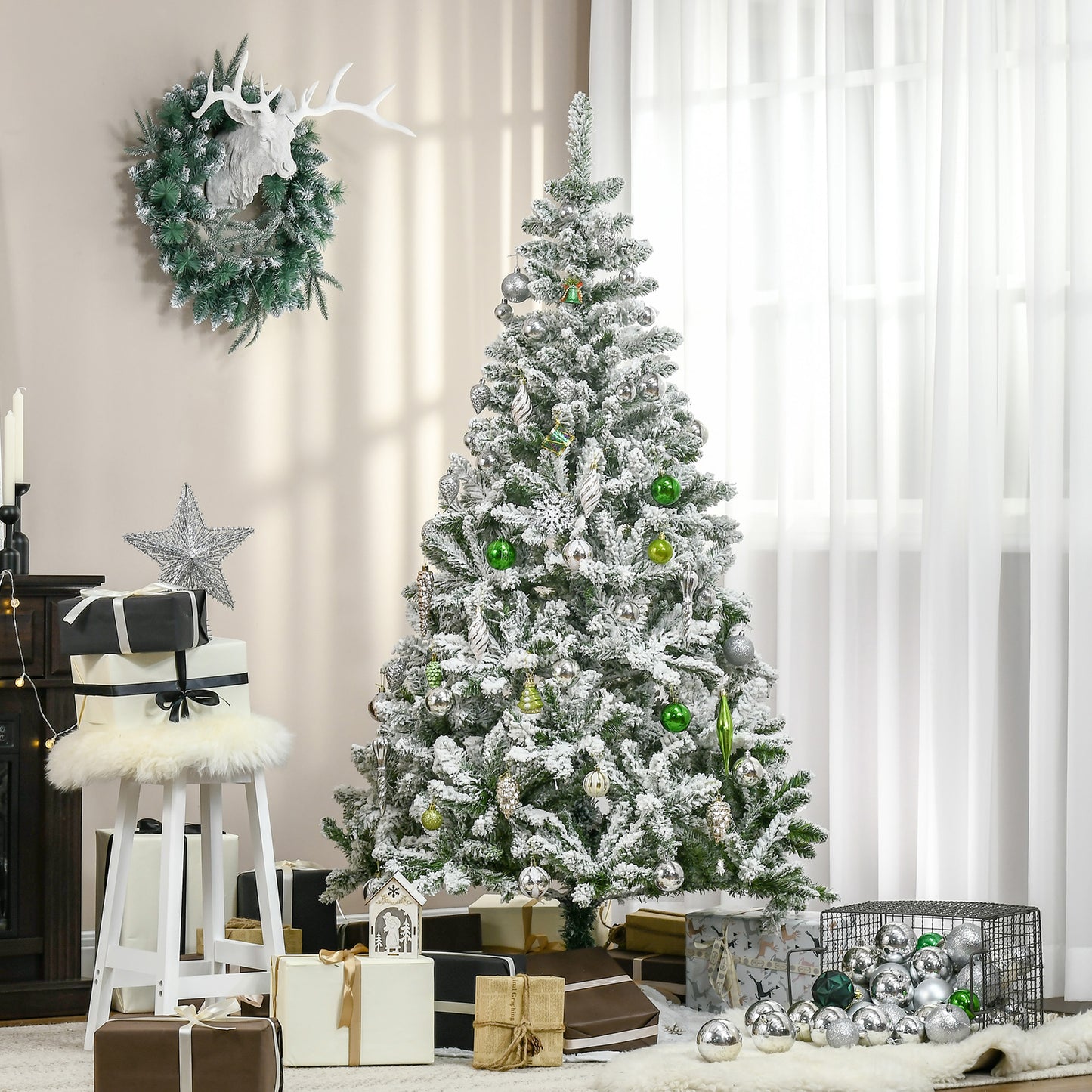 HOMCOM Künstlicher Weihnachtsbaum, Schnee-Effekt, flammenhemmend, Scharnierkonstruktion, Grün/Weiß
