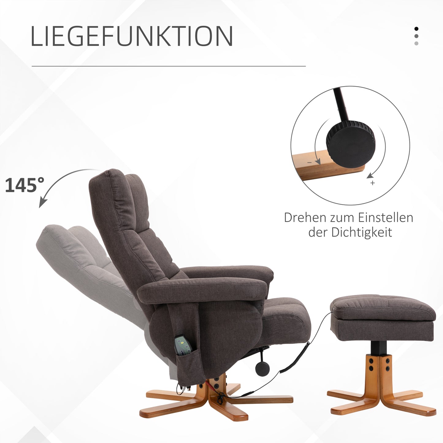 HOMCOM Relaxsessel mit Fußhocker, Stauraum, Elektrischer Massagesessel mit Liegefunktion, Drehbarer Fernsehsessel mit Seitentasche, Fernbedienung, Holzrahmen, Polyester, Braun