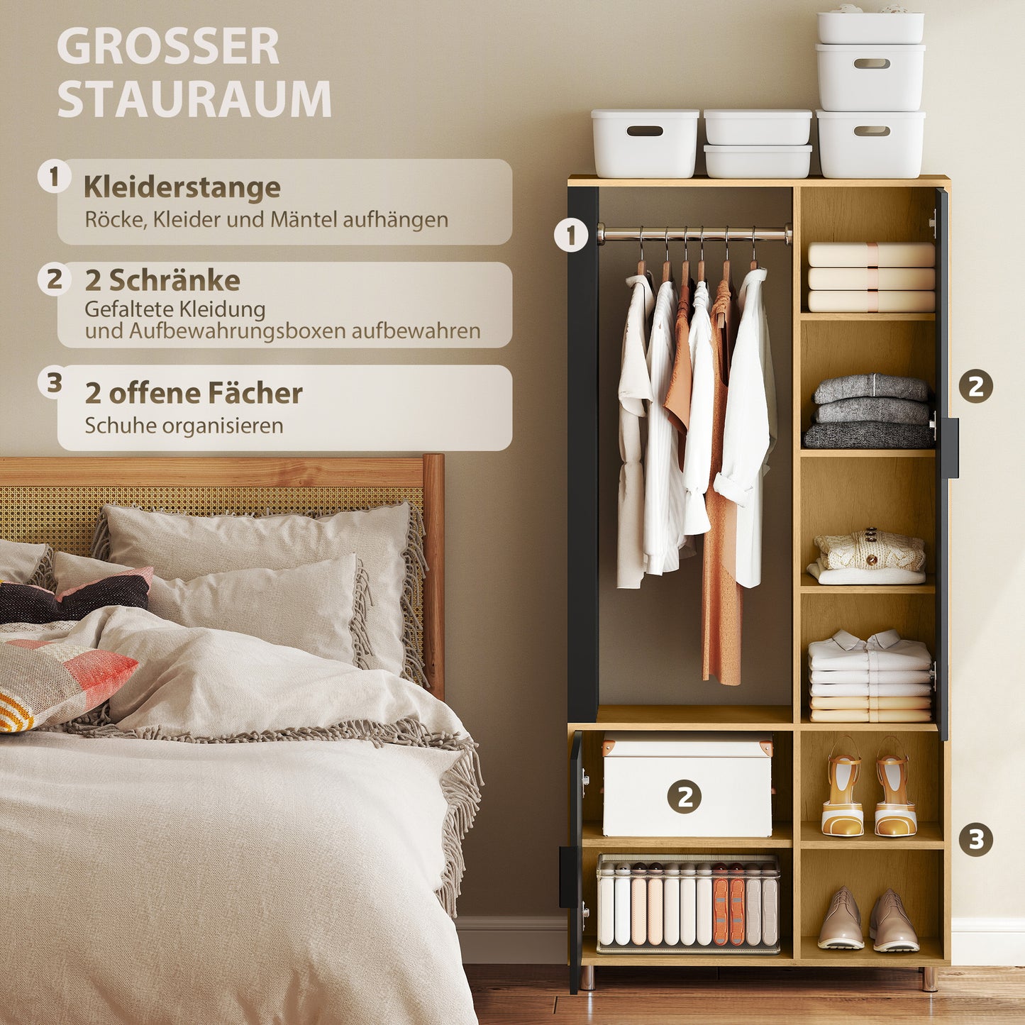 HOMCOM Kleiderschrank mit Spiegel und Hängestange, Aufbewahrungsfächer, offene Ablageflächen, Naturholz, Schwarz
