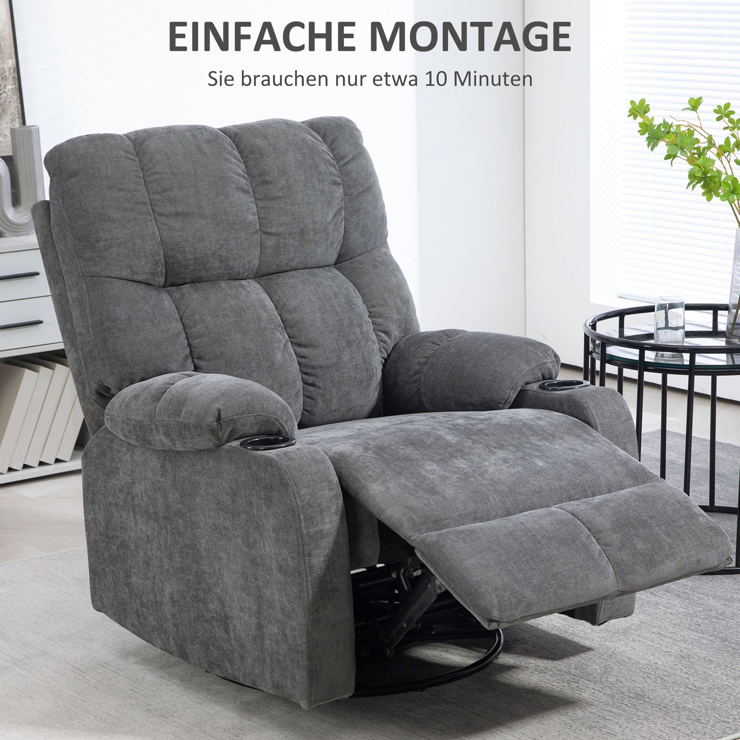 HOMCOM Relaxsessel mit Fußstütze, Liegesessel, drehbar, bis 150 kg, Stahlrahmen, 88x96x108cm, Dunkelgrau