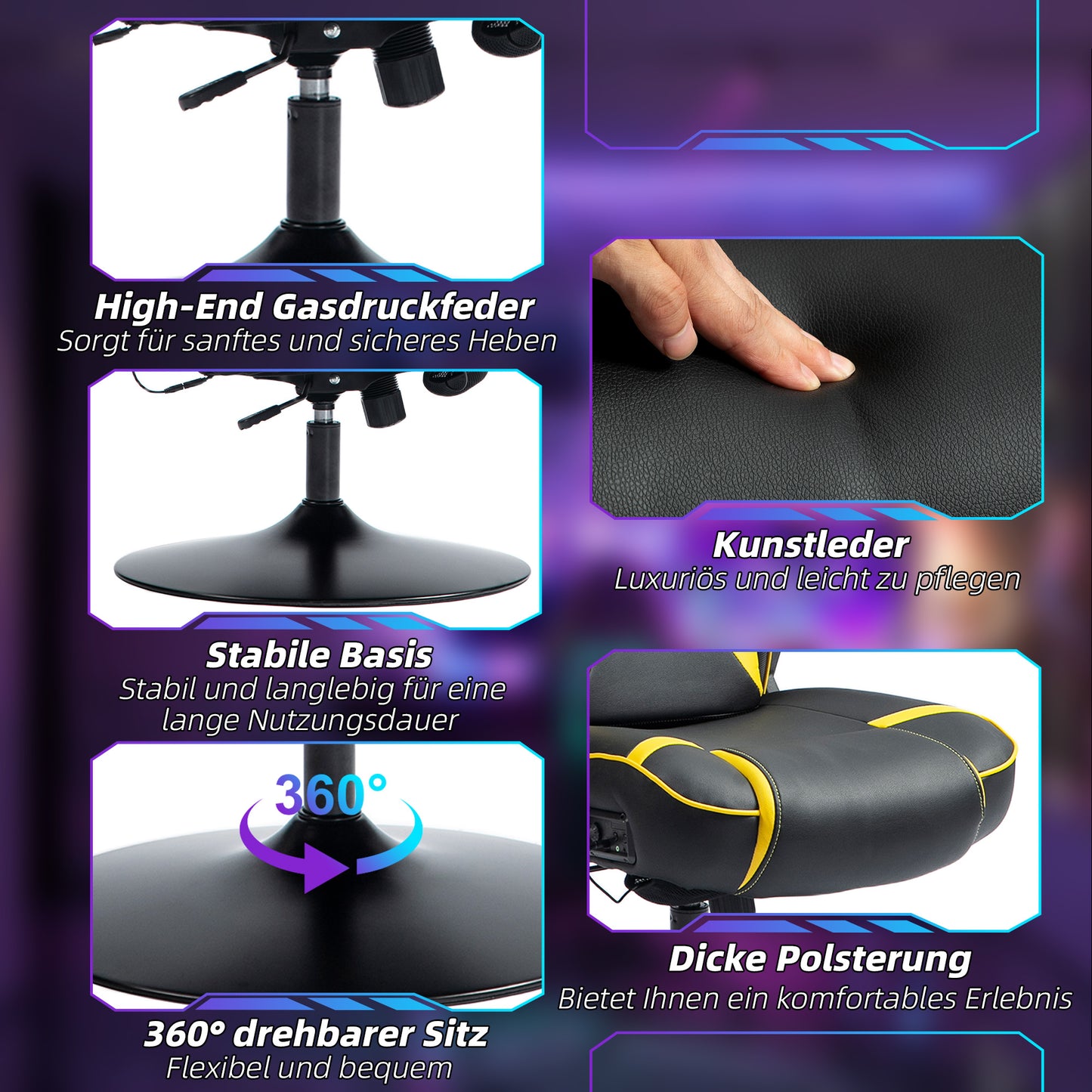 Vinsetto Gaming Stuhl mit Schaukelfunktion und Lautsprecher, Lenden- und Nackenstütze, für Spielzimmer, Kunstleder, Gelb+Schwarz