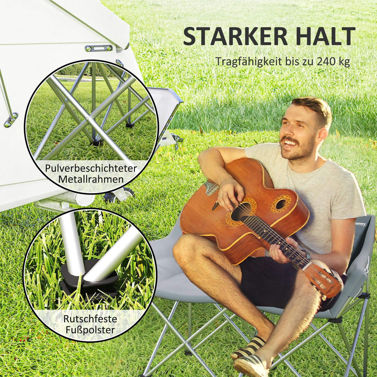 Outsunny Faltstuhl 2 Sitzer faltbar Campingstuhl mit Armlehnen Seitentasche bis 240kg belastbar Grau