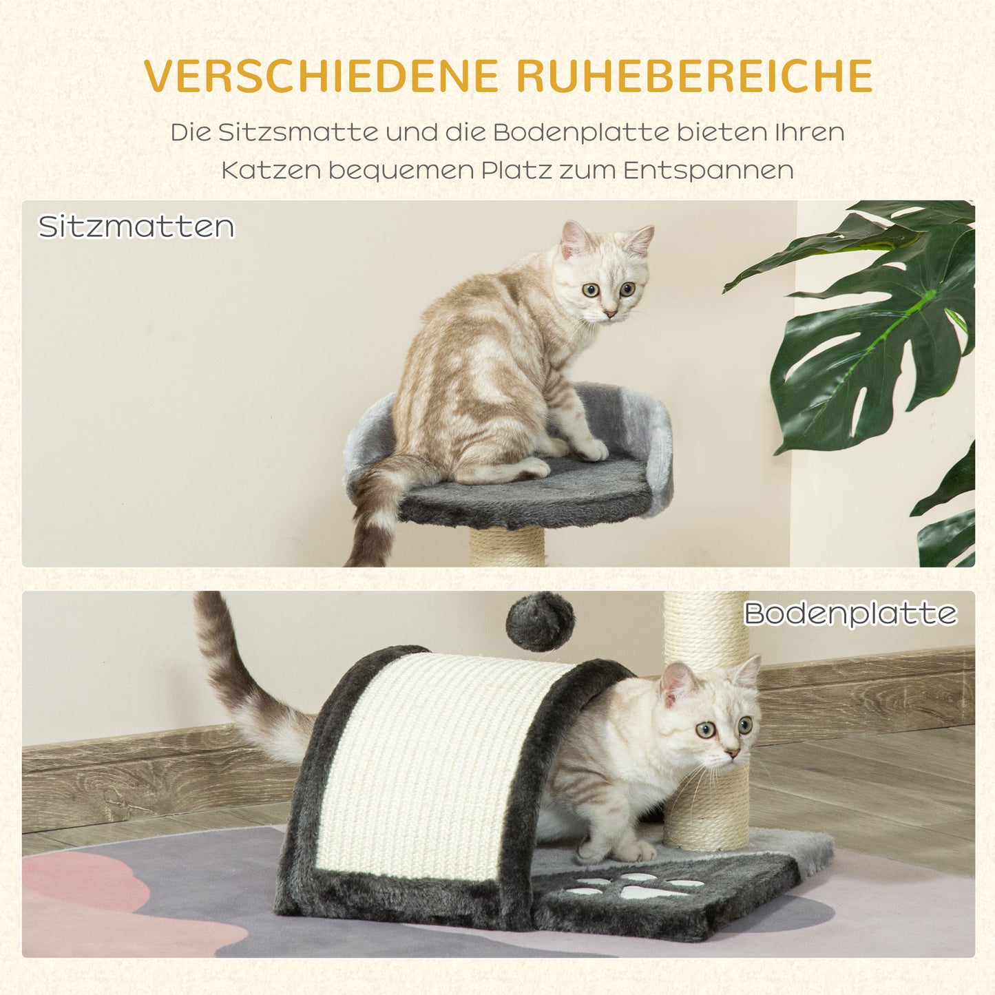 PawHut Kratzbaum 46 cm Kleiner Katzenturm mit Höhle, Spielball, Sisal-Seil, erhöhter Plattform, Katzenkratzbaum, Kletterbaum, für Katzen bis zu 4 kg, Dunkelgrau