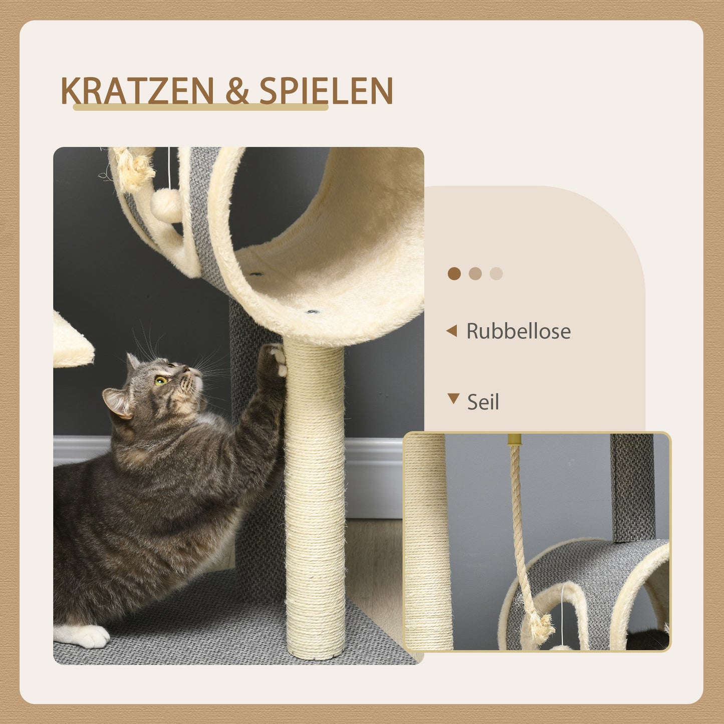 PawHut Kratzbaum Katzenbaum, 1 Katzenhöhle, 2 Liegeflächen, 60 cm x 40 cm x 104 cm, Grau + Natur