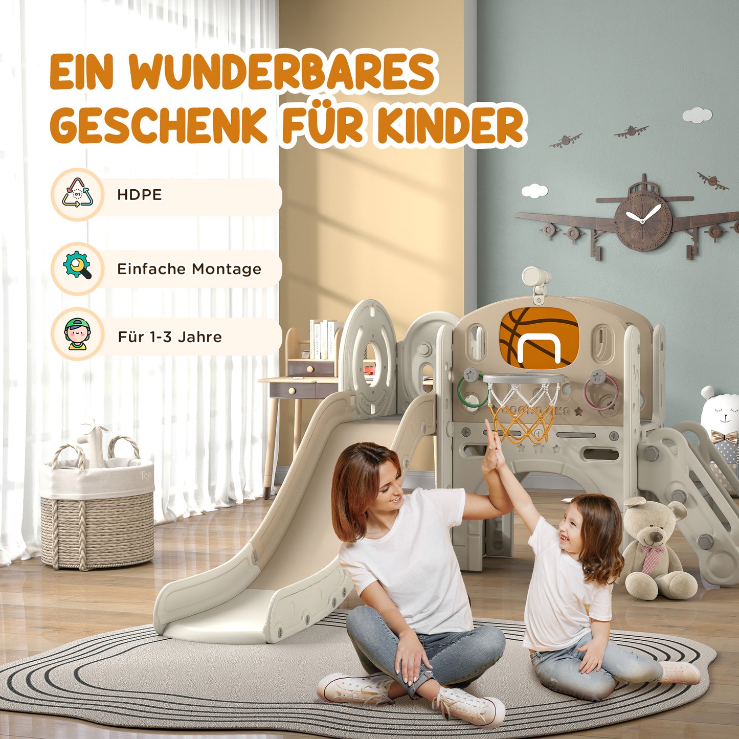 AIYAPLAY Kinder-Spielgerüst, 7-in-1 Rutsche, Indoor Spielplatz mit Stauraum und Krabbeltunnel, 186x153x111 cm, Cremeweiß