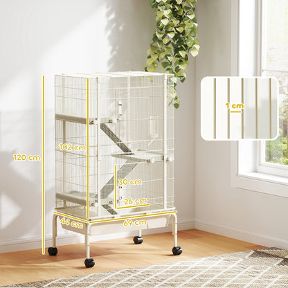 PawHut Kleintierkäfig, Haustierkäfig mit 4 Ebenen, Futterschale, Wasserflasche, 88 x 48 x 150,5 cm, Beige