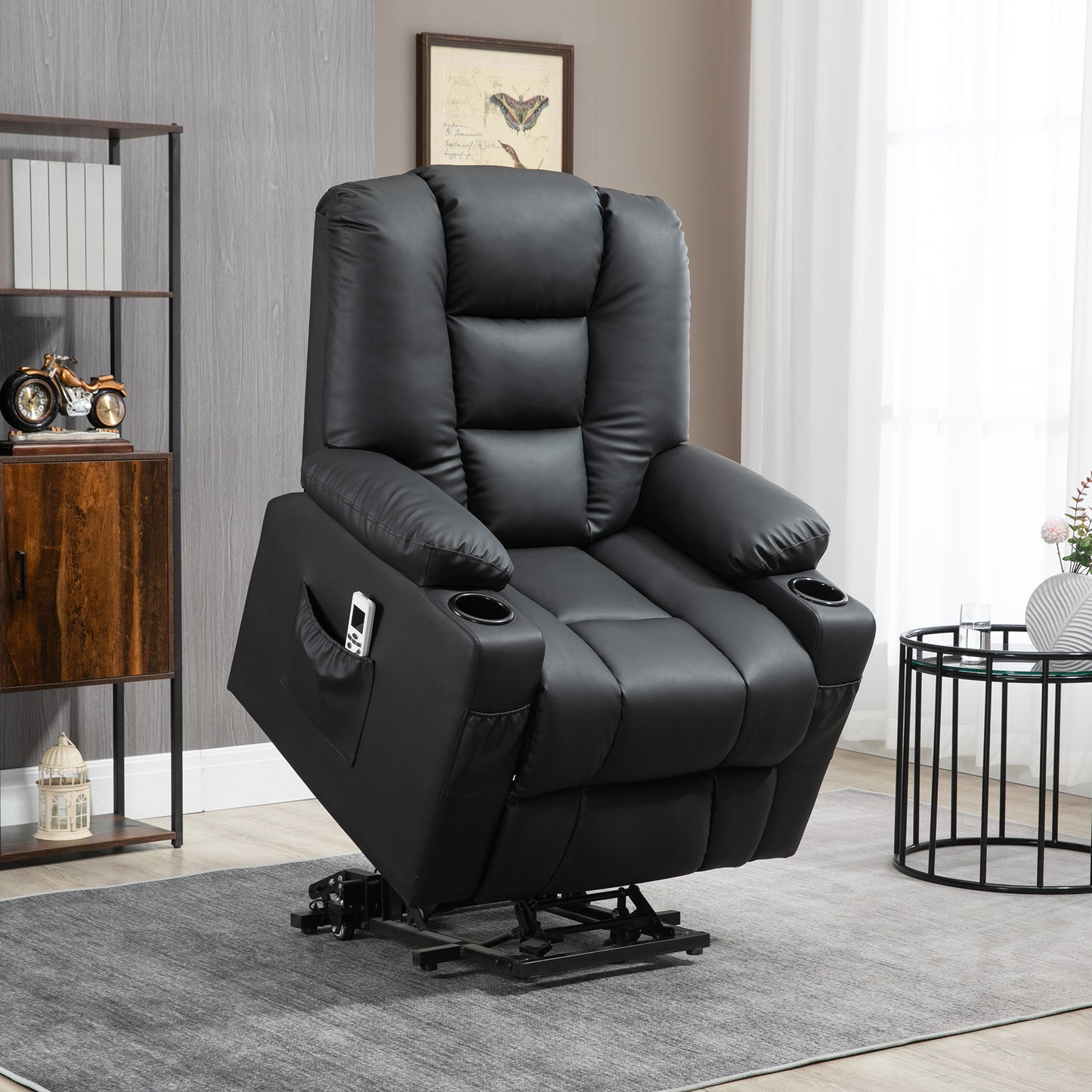 HOMCOM Relaxsessel mit Aufstehhilfe, USB, Massagefunktion, Kunstleder, bis 150 kg, 90x98x102 cm, Schwarz