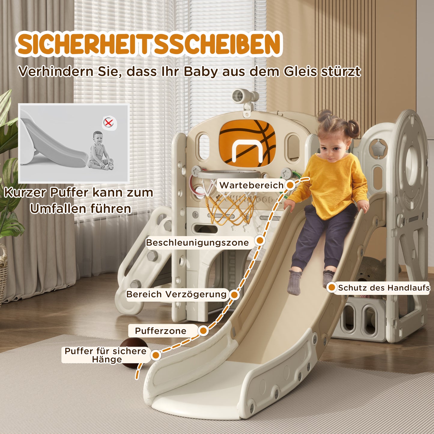 AIYAPLAY Kinder-Spielgerüst, 7-in-1 Rutsche, Indoor Spielplatz mit Stauraum und Krabbeltunnel, 186x153x111 cm, Cremeweiß