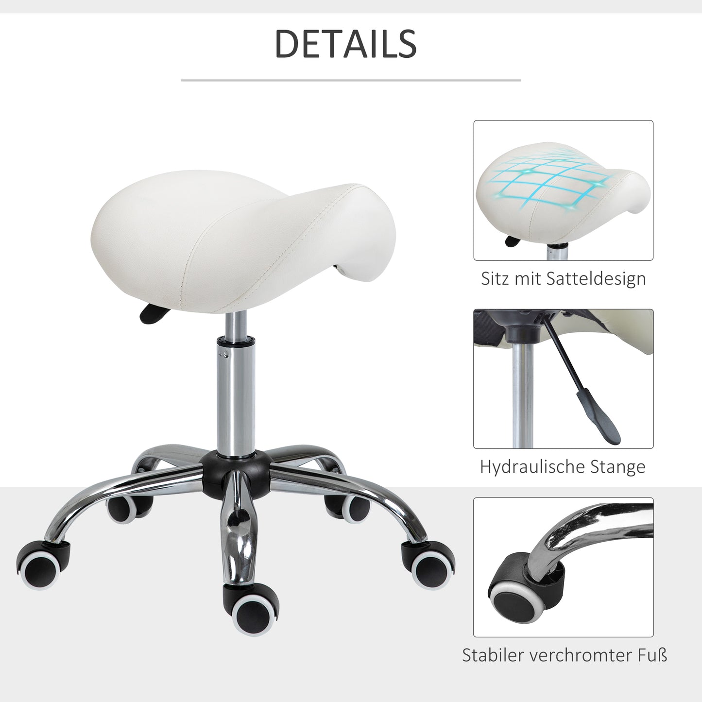 HOMCOM Rollhocker höhenverstellbar Drehhocker 49-61 cm Arbeitshocker drehbar Sattelhocker für Büro Salon Massage Spa Weiß