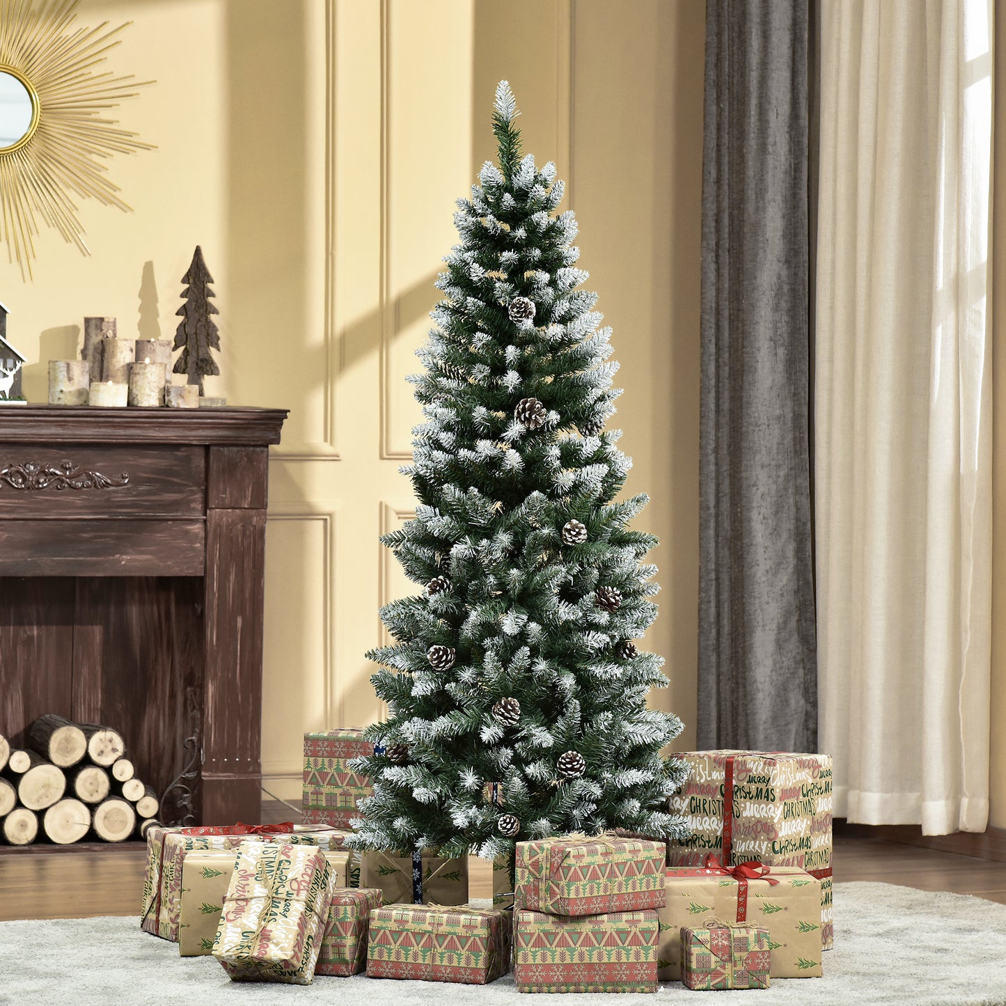 HOMCOM Künstlicher Weihnachtsbaum, 630 Zweige, 37 Zapfen, verschneite Spitzen, feuerfest, 150 cm