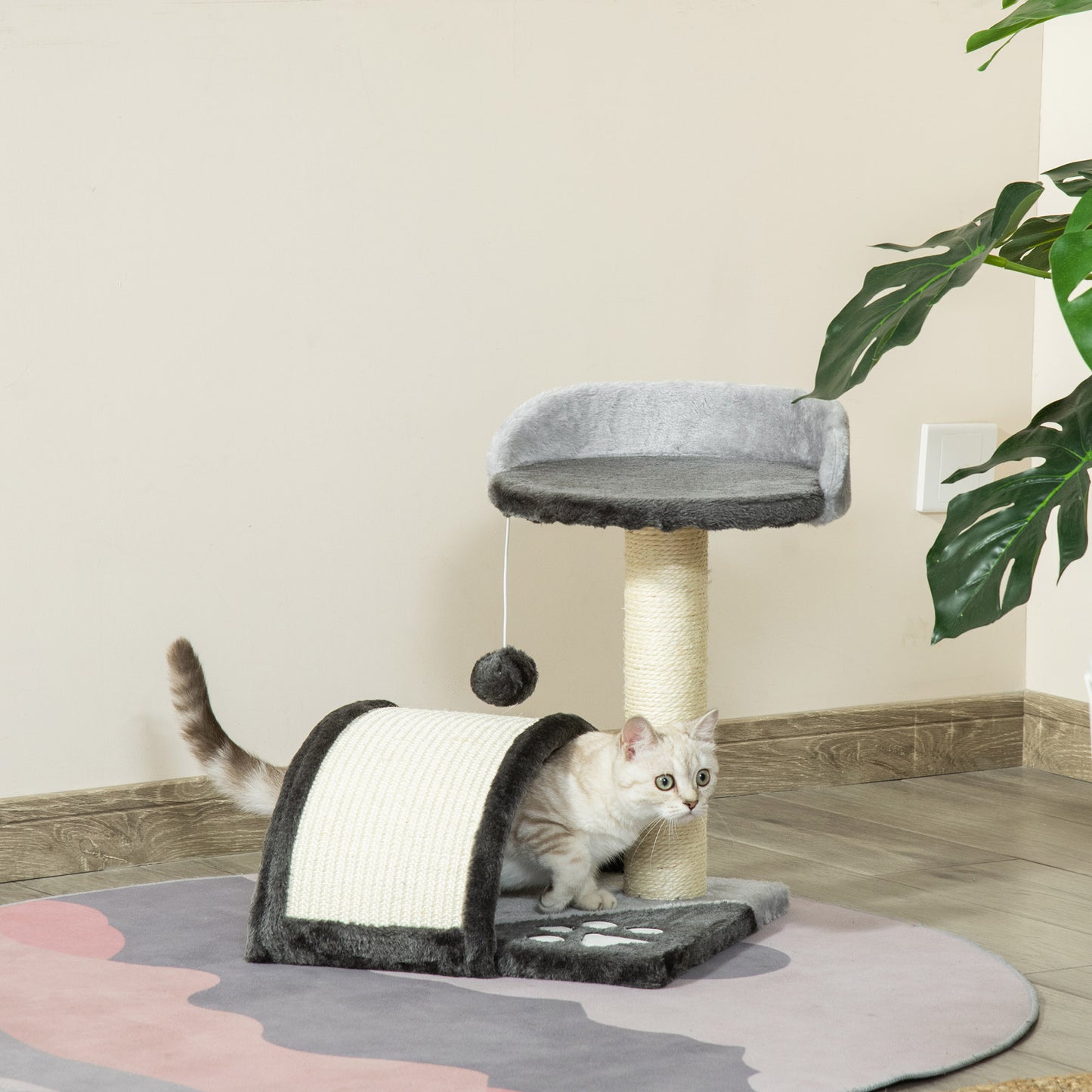 PawHut Kratzbaum 46 cm Kleiner Katzenturm mit Höhle, Spielball, Sisal-Seil, erhöhter Plattform, Katzenkratzbaum, Kletterbaum, für Katzen bis zu 4 kg, Dunkelgrau