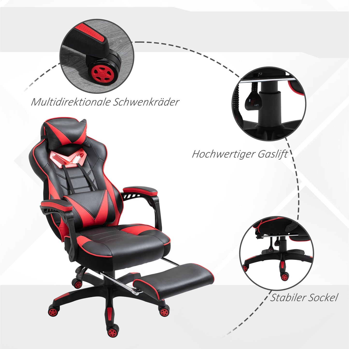 Vinsetto Ergonomischer Bürostuhl, Gaming Stuhl, Drehstuhl mit einziehbare Fußstütze und verstellbarer Rücken Schaumstoff+PU-Leder+Metall, Schwarz+Rot, 65 x 70 x 118,5-128,5 cm