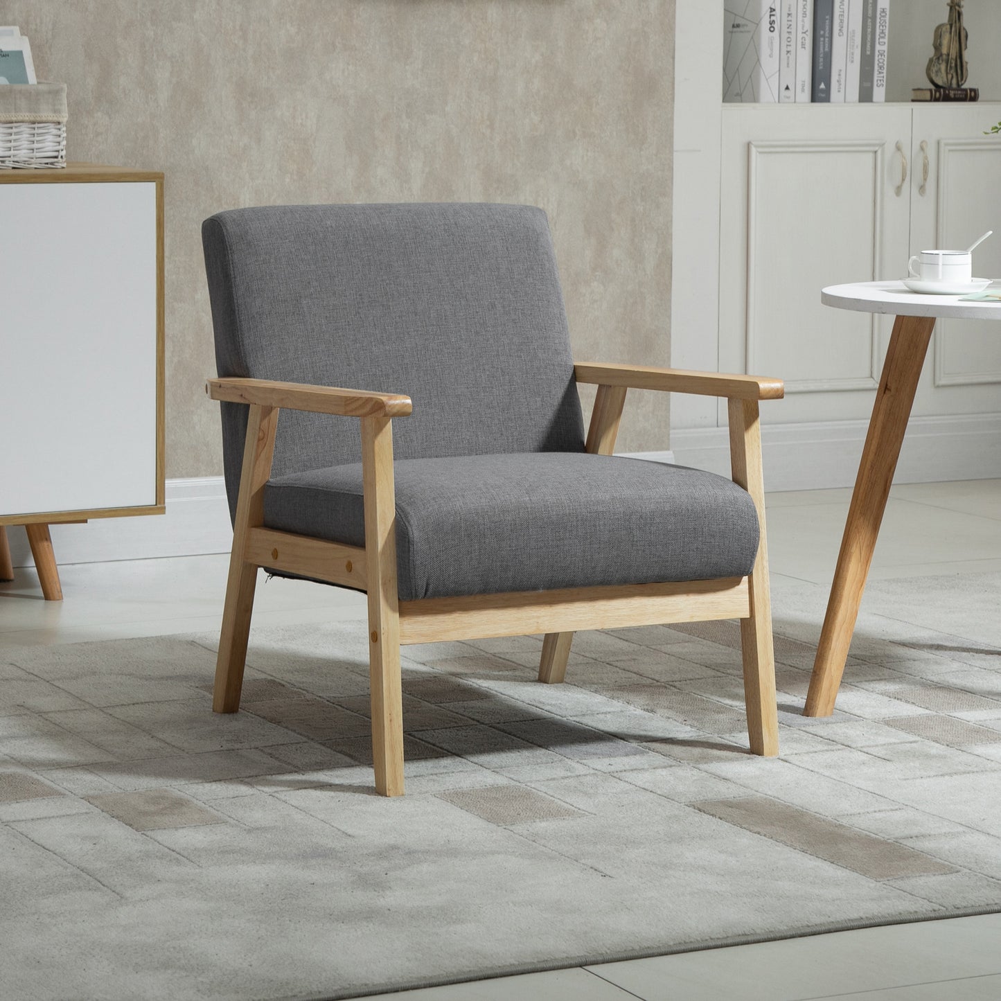 HOMCOM Sessel im Skandi-Design, Akzentsessel, Massivholz, Leinenoptik, 64 cm x 70 cm x 72 cm, Grau + Natur