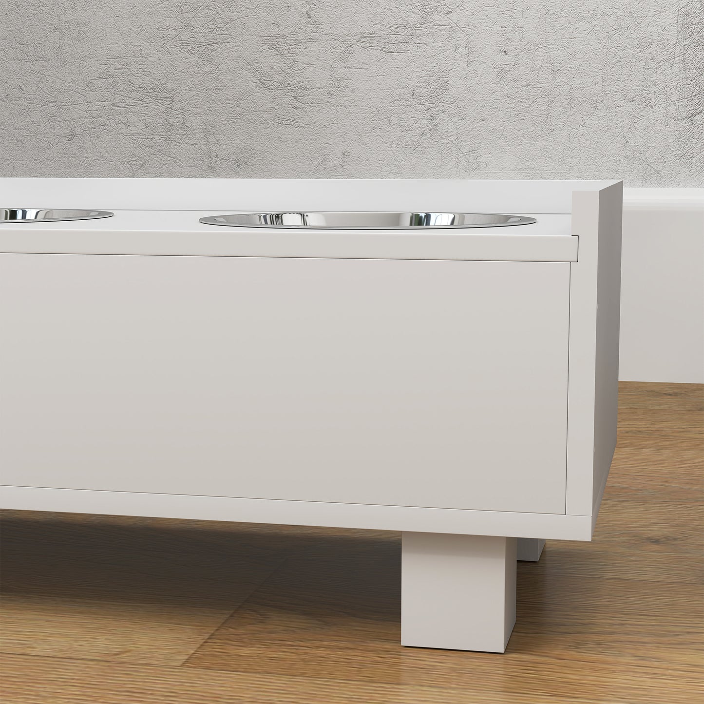 PawHut Erhöhte Fütterungsstation für Hunde, mit abnehmbarer Slow-Feeder-Matte, 2 Aluminiumschüsseln, Stauraum, Weiß