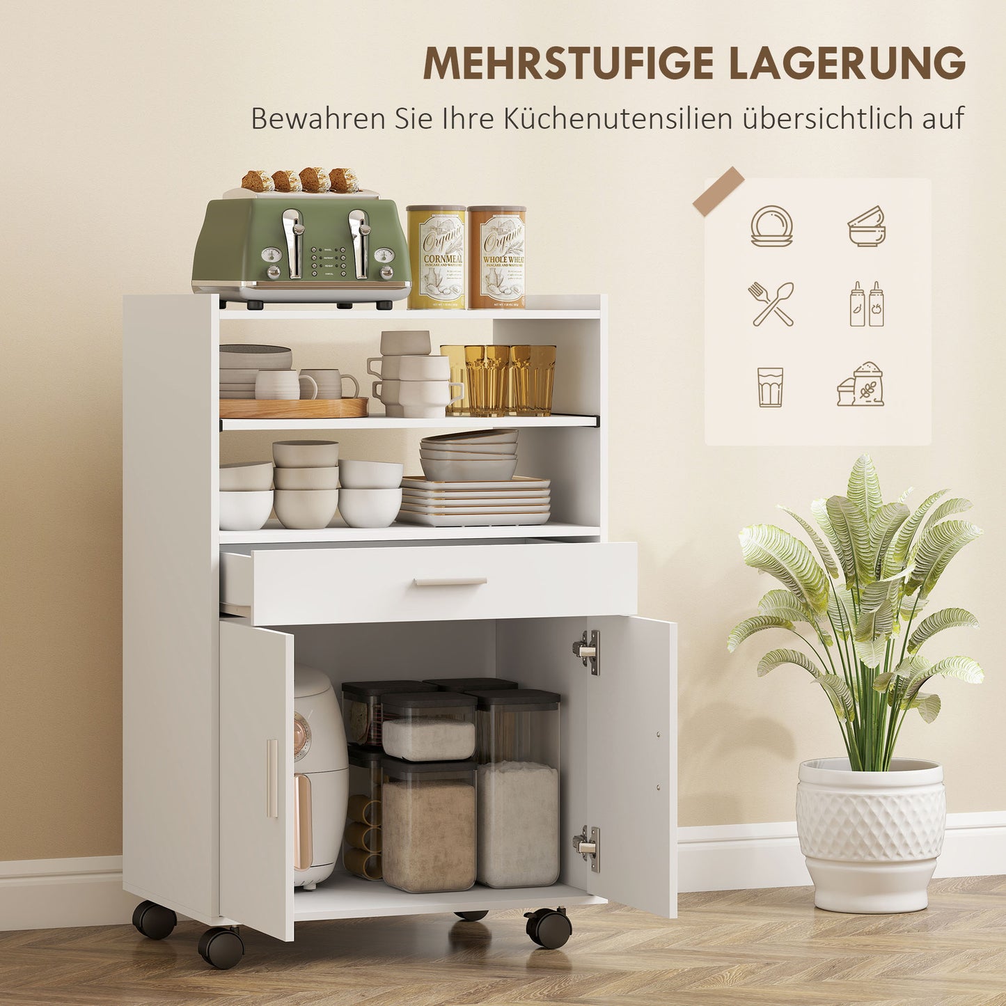HOMCOM Mikrowellenschrank, Regal, Doppeltürschrank, Schublade, Rollen, Weiß