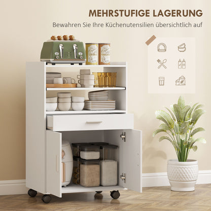 HOMCOM Mikrowellenschrank, Regal, Doppeltürschrank, Schublade, Rollen, Weiß
