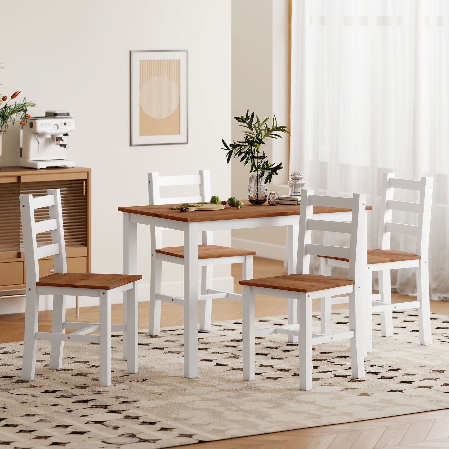 HOMCOM Essgruppenset, Esstisch, 4 Stühle, Esszimmerset, Kiefernholz, Braun+Weiß
