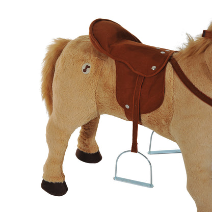 HOMCOM Reitpferd auf Rollen 60 cm Stehpferd mit Sattel, Zaumzeug Steigbügel Sound Spielpferd zum Reiten Draufsitzen Schaukeltier für Kinder ab 2 Jahre, Schaukelpferd Plüschpferd Indoor Outdoor Beige