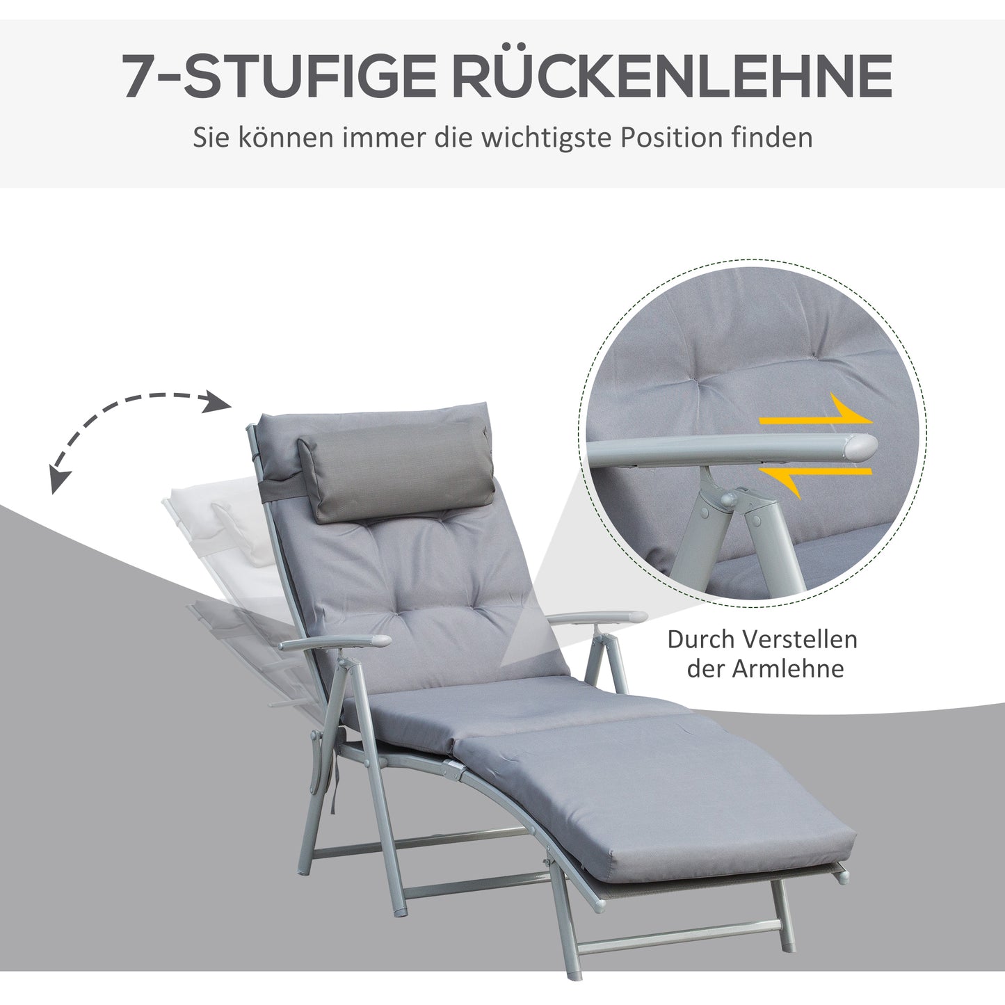 Outsunny Sonnenliege klappbar Strandliege mit Kopfkissen Sitzkissen Liegestuhl mit 7-Fach verstellbare Rückenlehne Gartenliege Relaxliege bis 165 kg belastbar, für Garten Urlaub Outdoor, Grau