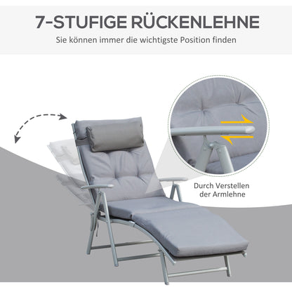 Outsunny Sonnenliege klappbar Strandliege mit Kopfkissen Sitzkissen Liegestuhl mit 7-Fach verstellbare Rückenlehne Gartenliege Relaxliege bis 165 kg belastbar, für Garten Urlaub Outdoor, Grau