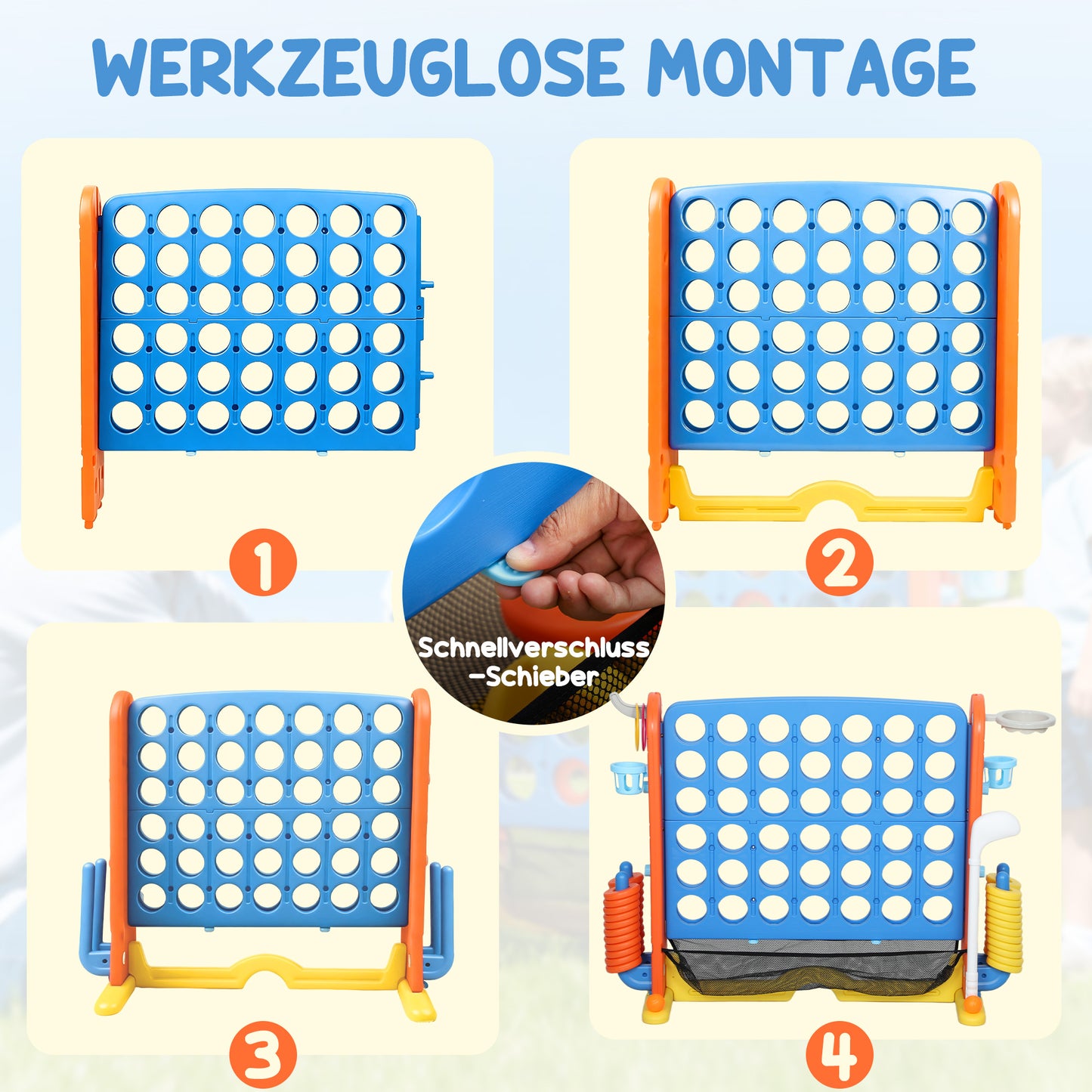 AIYAPLAY 4-in-1 Spiele-Set, Vier Gewinnt, höhenverstellbar, Netz-Tasche, Kunststoff, Bunt