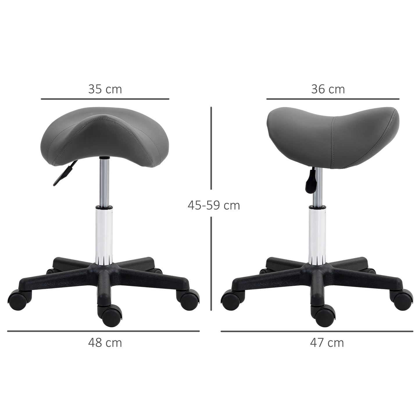HOMCOM Rollhocker, sattelförmiger Sitz, höhenverstellbar, um 360° drehbar, Kunstleder, grau, 48 x 47 x 45-59 cm