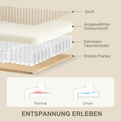 HOMCOM 3-Sitzer-Sofa mit Zierkissen, Cordsofa für Wohnzimmer, Schlafzimmer, 212 cm breit, Cremeweiß