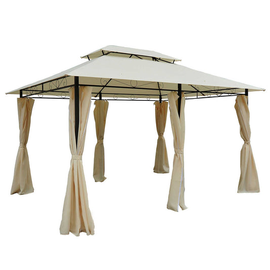 Outsunny Pavillon 3x4m Gartenpavillon mit 6 Seitenteilen Partyzelt Gartenzelt Festzelt mit Doppeldach Beige+Schwarz