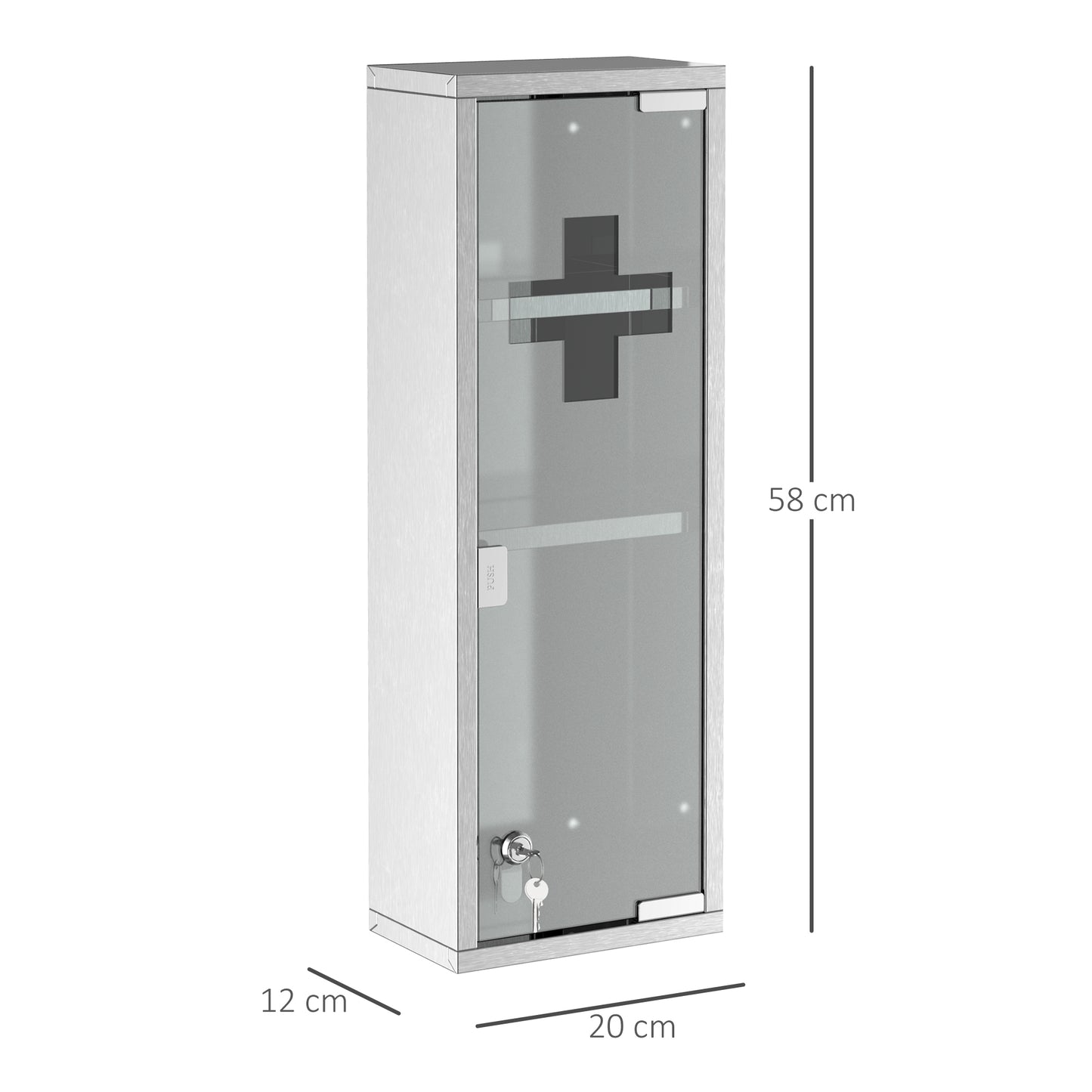 kleankin Medizinschrank aus Edelstahl und gehärtete Glastür Arzneischrank zur Medikamenten-Aufbewahrung, Abschließbar Medikamentenschrank mit 3 Fächern, Erste Hilfe Schrank, 20 x 12 x 58 cm, Silber