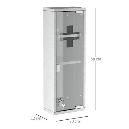 kleankin Medizinschrank aus Edelstahl und gehärtete Glastür Arzneischrank zur Medikamenten-Aufbewahrung, Abschließbar Medikamentenschrank mit 3 Fächern, Erste Hilfe Schrank, 20 x 12 x 58 cm, Silber