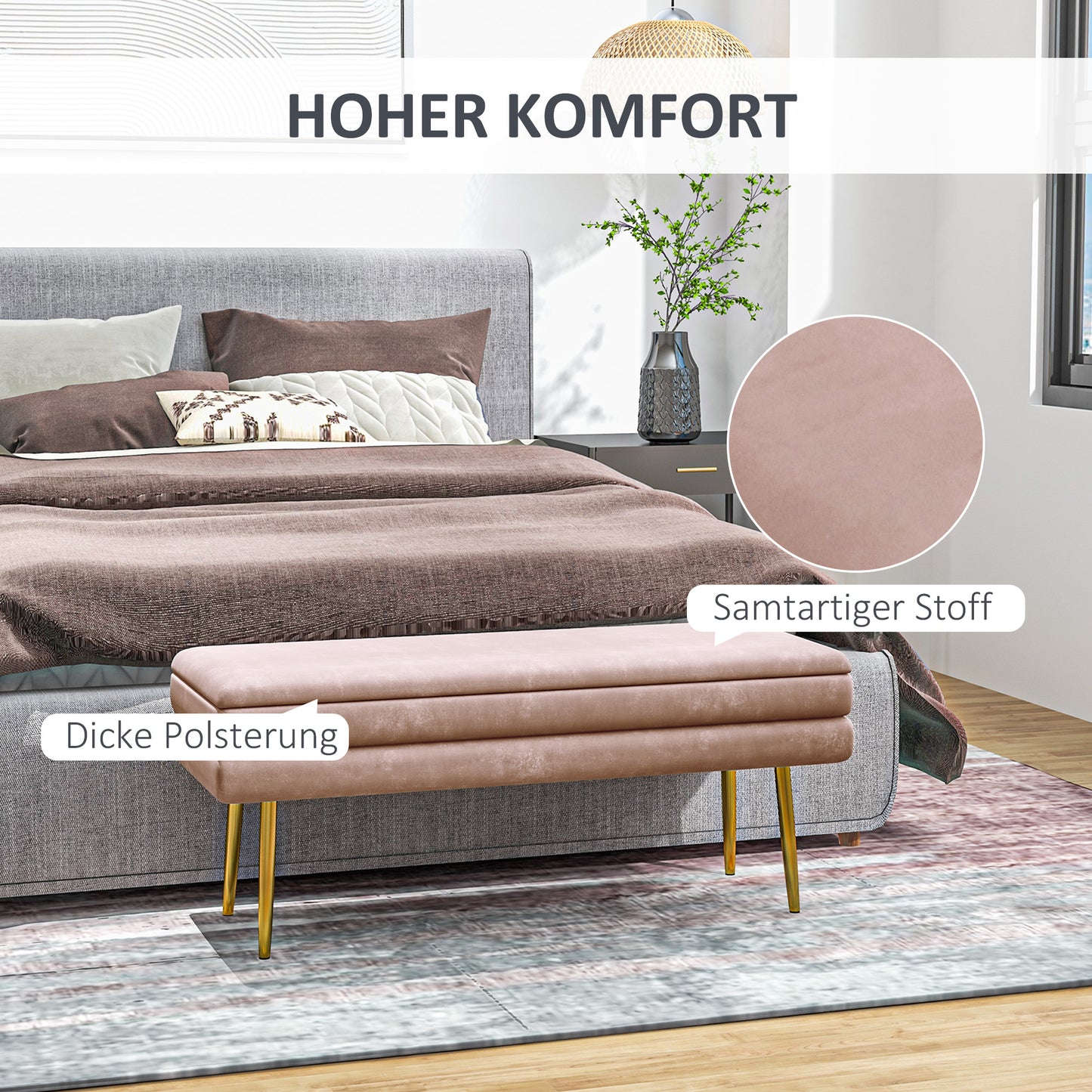 HOMCOM Sitzbank Polsterbank, mit Stauraum, Stahl, 100 x 37,5 x 42 cm, Rosa