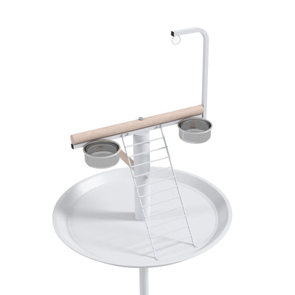 PawHut Anflugstange Freisitz für Papageien Sitzstange, 1 Leiter, 1 Schaukel, Futternäpfe, 60 x 60 x 138 cm, Weiß + Natur