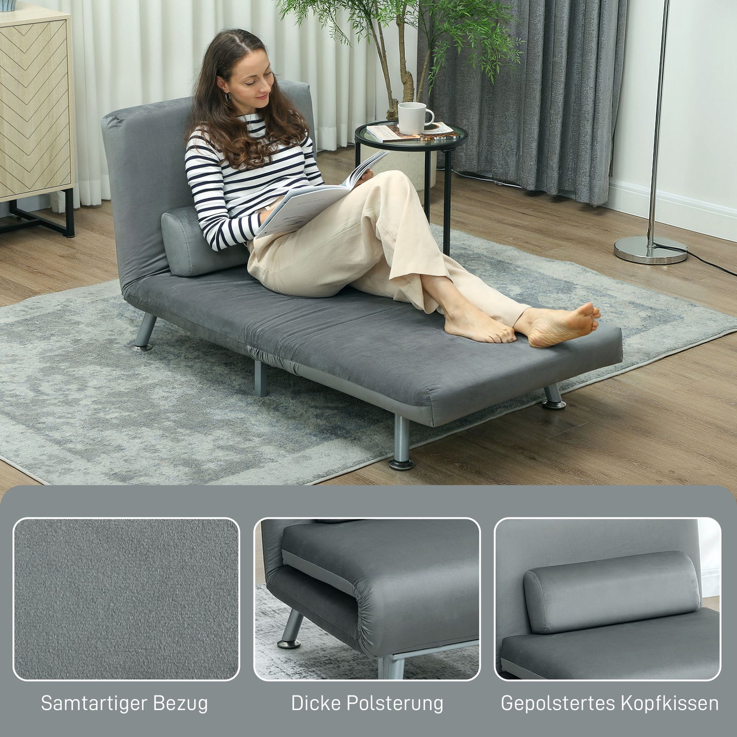 HOMCOM Klappsessel mit Bettfunktion، klappbarer Relaxsessel in Samtoptik، Verstellbare Rückenlehne، 75 × 70 × 75 سم، غراو