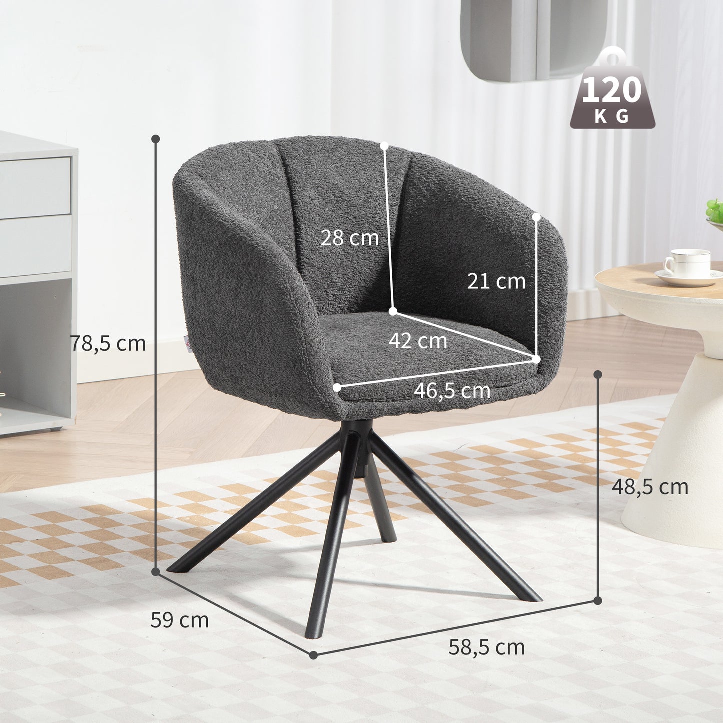 HOMCOM Sessel, Polsterstuhl mit bequemer Sitzschale, drehbar, kuscheliger Bezug, bis 120 kg, Dunkelgrau