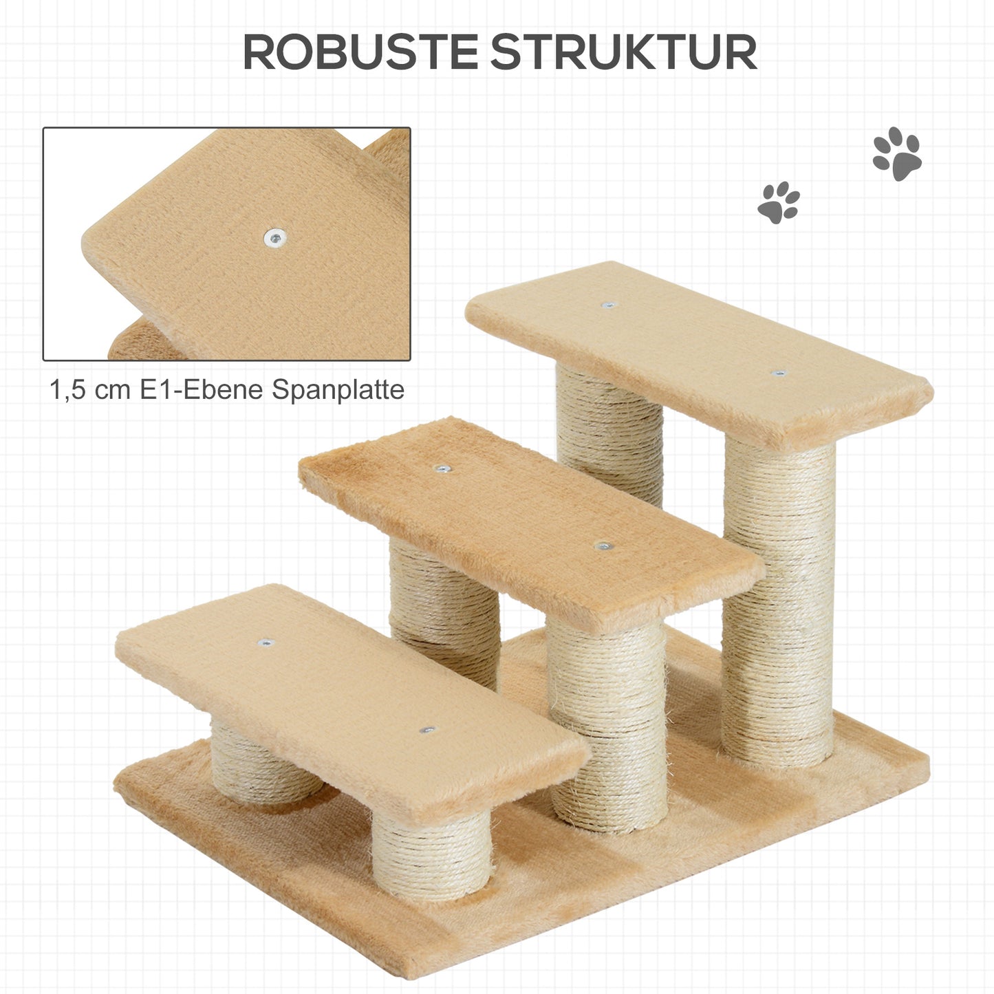 PawHut Tiertreppe Katzentreppe Hundetreppe 3 Stufen Treppe für Katze und Hunde Plüsch Creme 45 x 35 x 34 cm