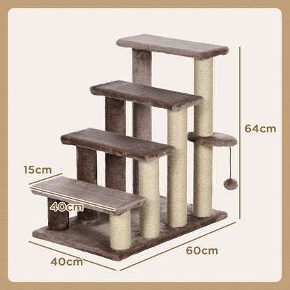 PawHut Haustiertreppe, Kratzbaum, 4-stufig, für Tiere bis 5 kg, 60x40x64cm, Braun