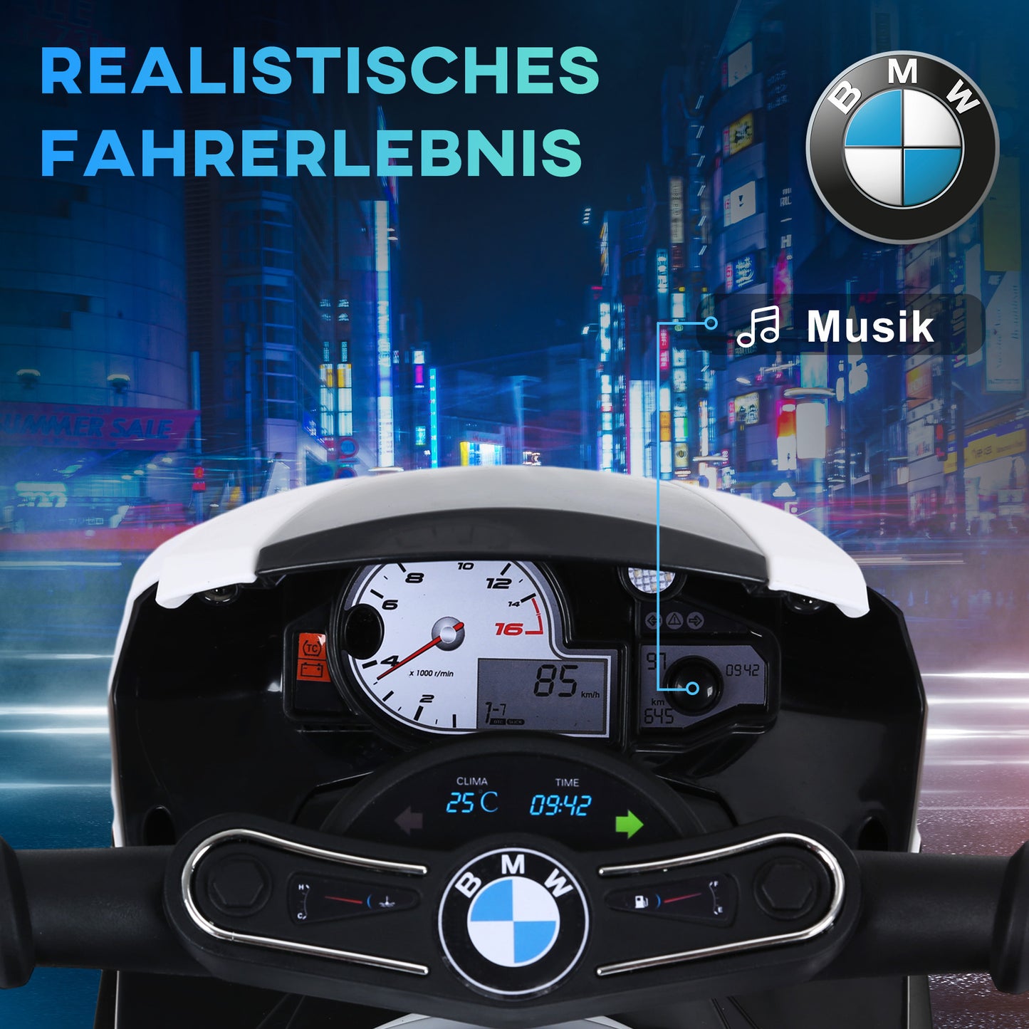HOMCOM Elektro Kindermotorrad BMW S1000RR Elektromotorrad mit Musik, Scheinwerfer, Kinder Elektro Motorrad für Kinder von 18-36 Monaten Schwarz