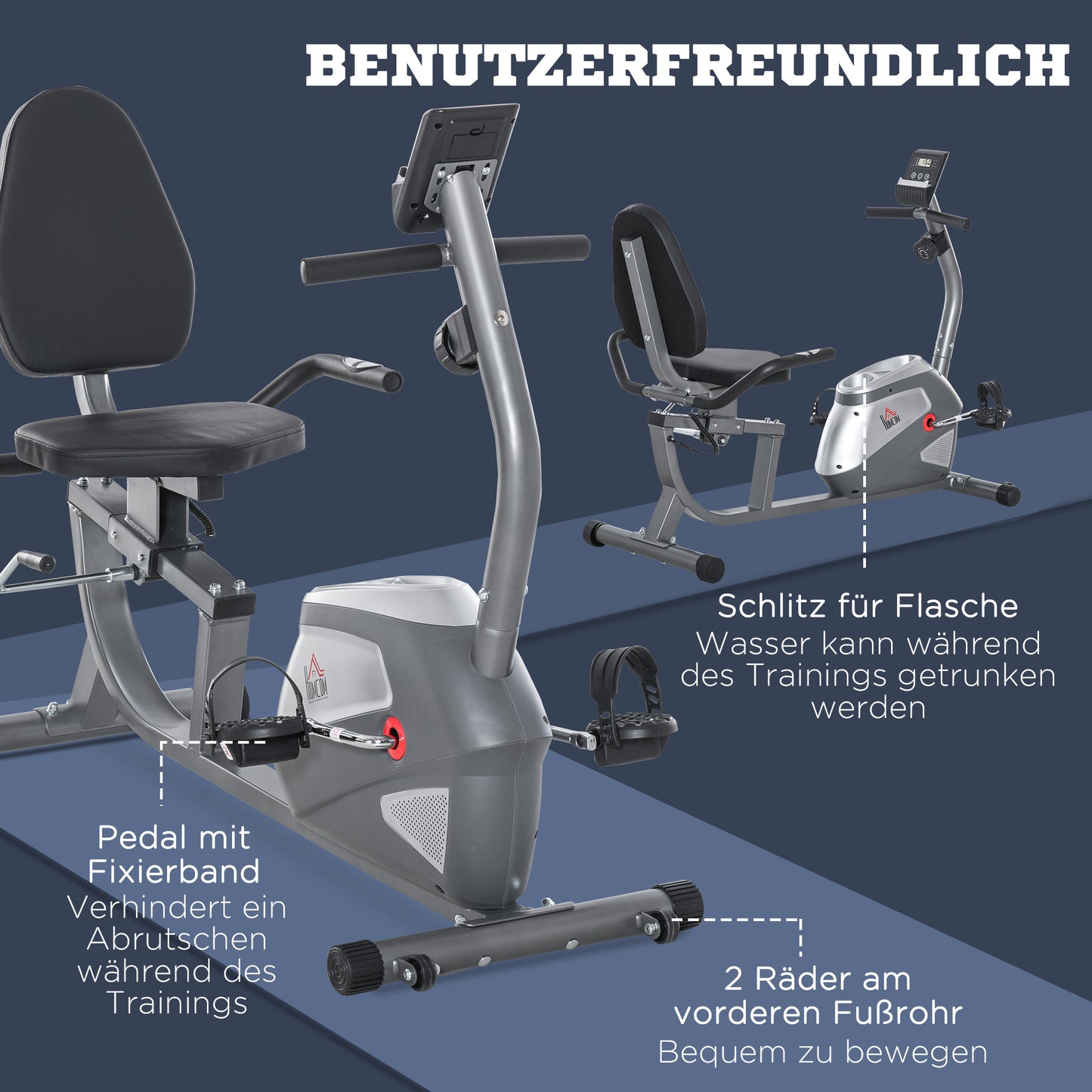 HOMCOM Liegeergometer mit LCD-Anzeige 8 stufig einstellbarem Magnetwiderstand Liegeheimtrainer mit Herzfrequenzsensoren, verstellbarer Rückenlehne, Nutzergewicht bis 110 kg für zu Hause Gym