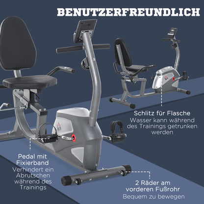 HOMCOM Liegeergometer mit LCD-Anzeige 8 stufig einstellbarem Magnetwiderstand Liegeheimtrainer mit Herzfrequenzsensoren, verstellbarer Rückenlehne, Nutzergewicht bis 110 kg für zu Hause Gym