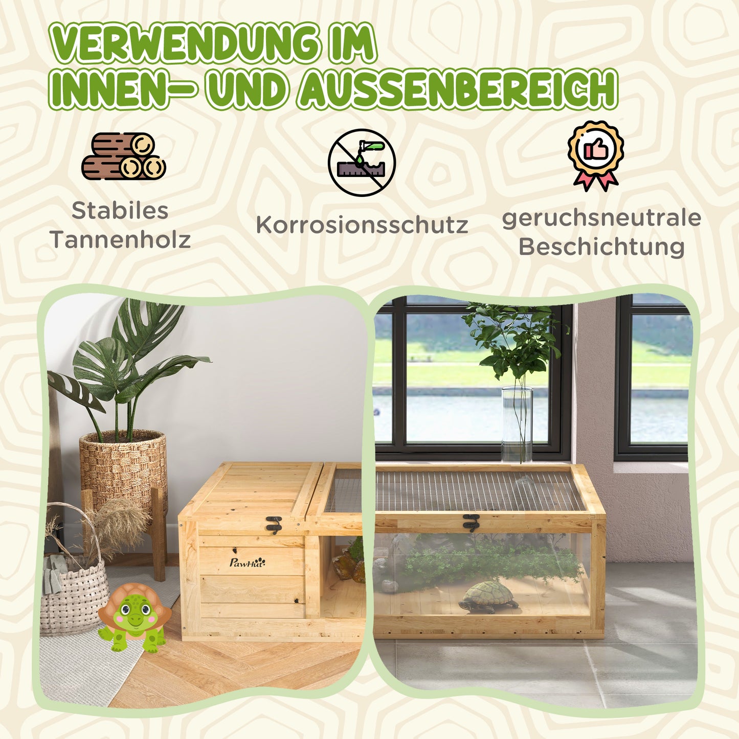 PawHut Schildkrötenhaus aus Holz, Schildkrötengehege mit Haupthäusern, aufklappbare Oberseite, 91 x 60,5 x 32 cm, Gelb