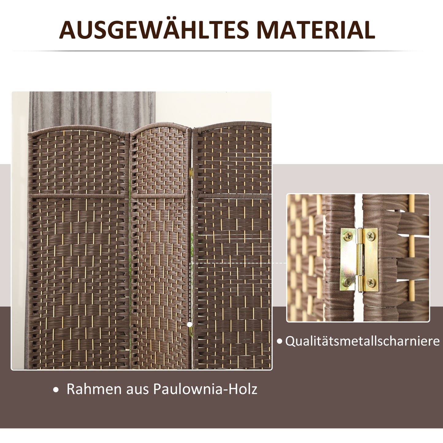 HOMCOM Raumteiler، 3-teilig faltbare Trennwand، Geflechtmuster، Kiefernholz، Braun