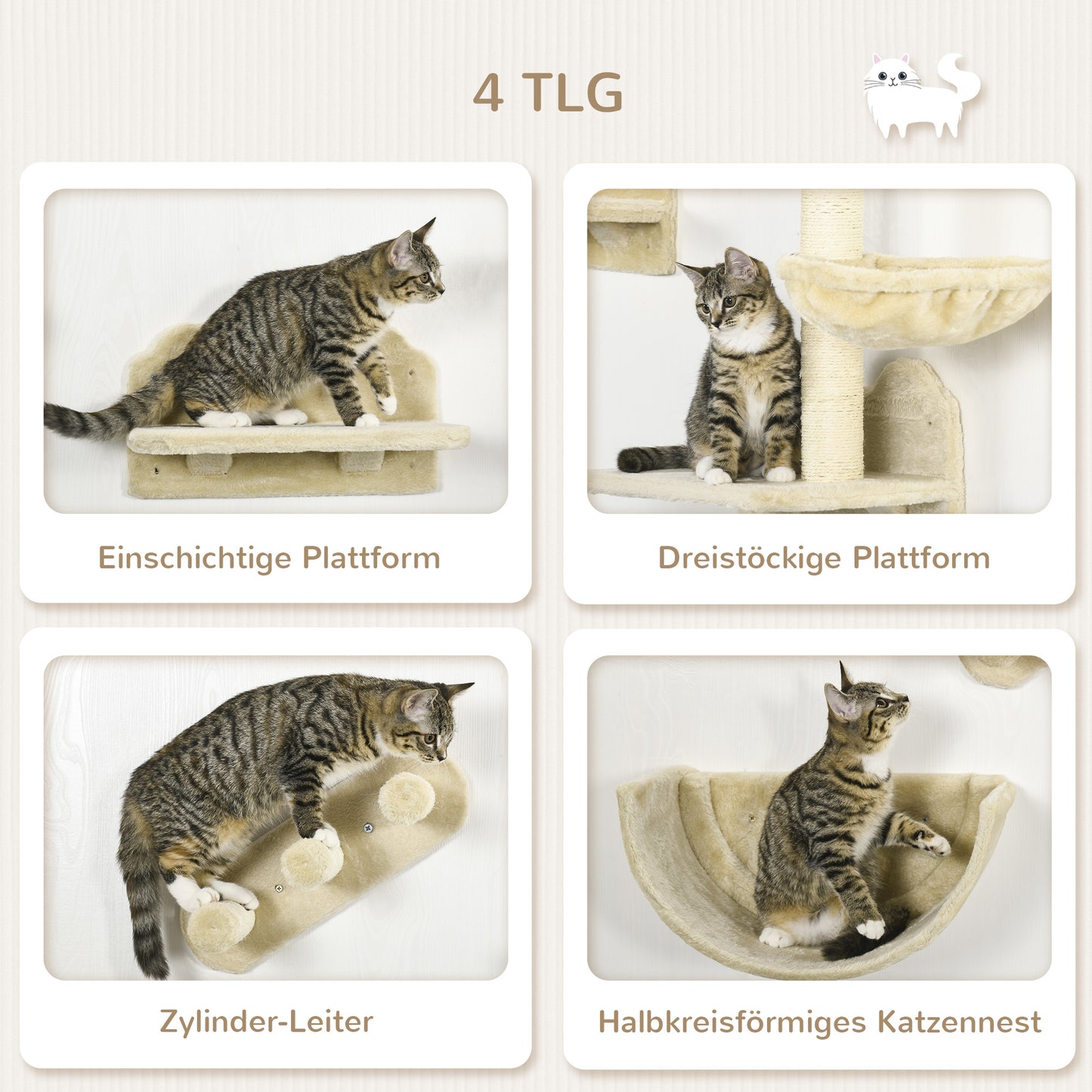PawHut Kletterwand-Set für Katzen, 4-teilig, mit Katzentreppe, Hängematte, Plattform und Kratzbaum, Beige