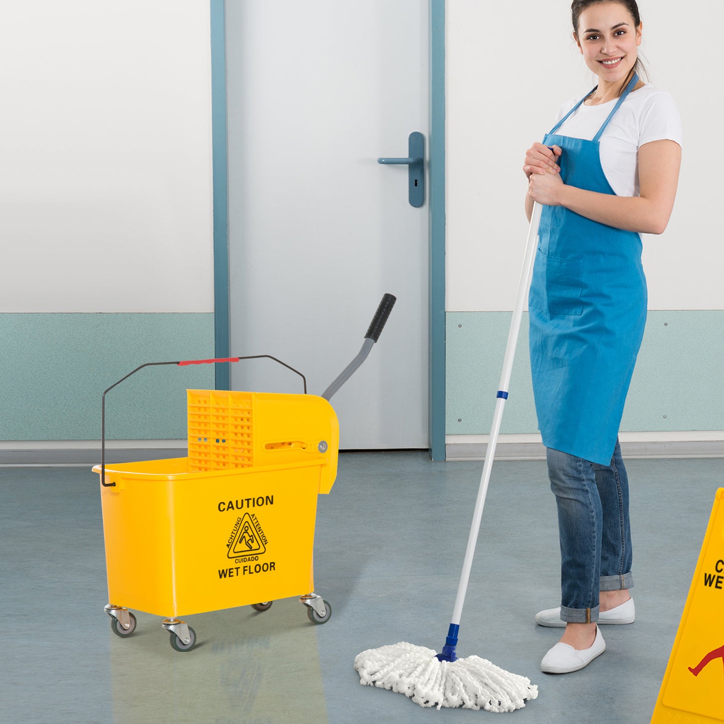 HOMCOM 20 L Mopp-Eimer mit Auswringer und Griff, Wischmopp-Eimer auf Rädern, Kunststoff, Gelb