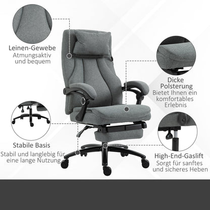 Vinsetto Bürostuhl massage, höhenverstellbarer Chefsessel, Gamingstuhl mit Fußstütze Massagefunktion, ergonomischer Drehstuhl, Massage Sessel, Leinen-Gefühl, Grau, 64 x 74 x 109-117 cm
