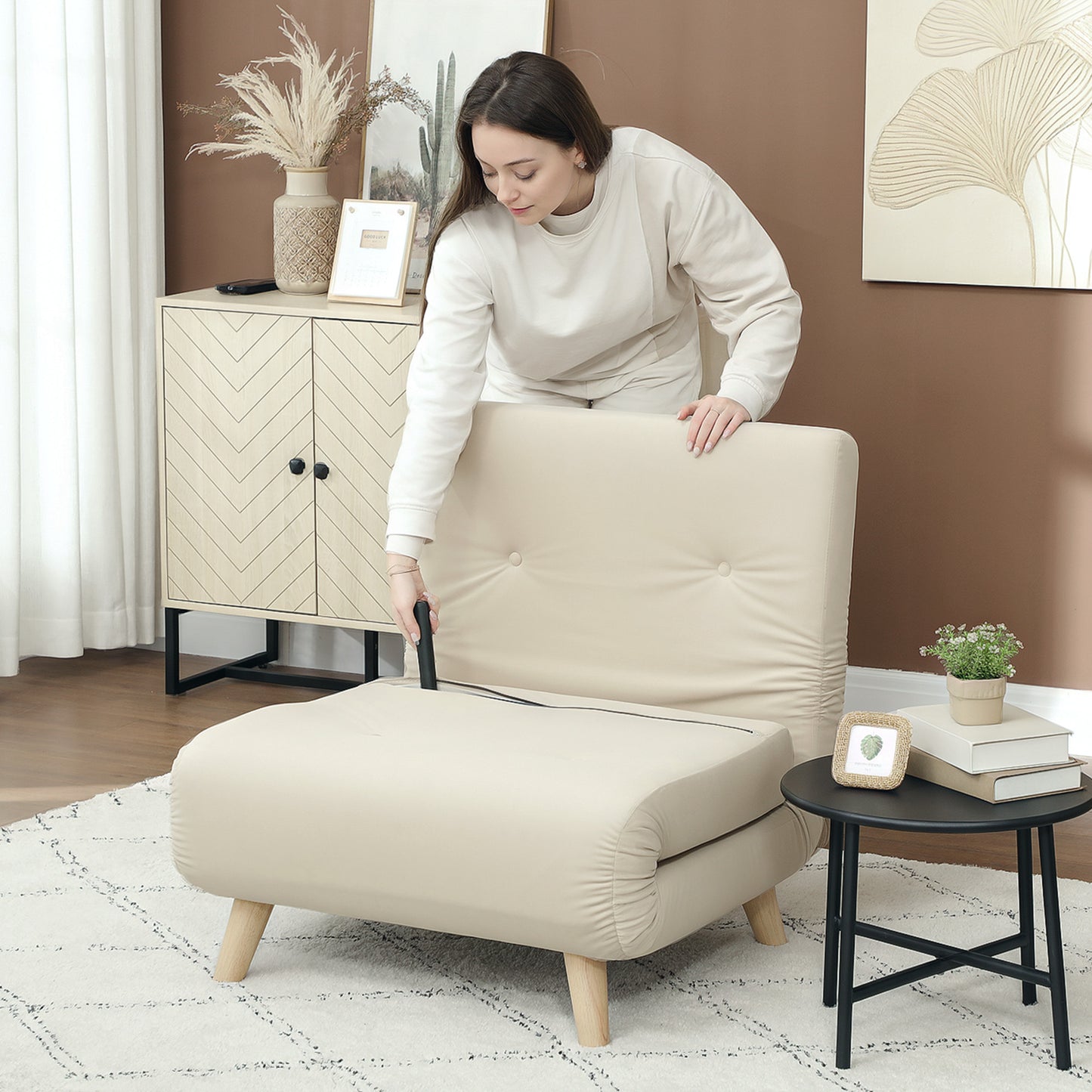 HOMCOM Klappsessel mit Bettfunktion, Klappbarer Relaxsessel in Samtoptik, Verstellbare Lehne, bis 120 kg belastbar, Beige