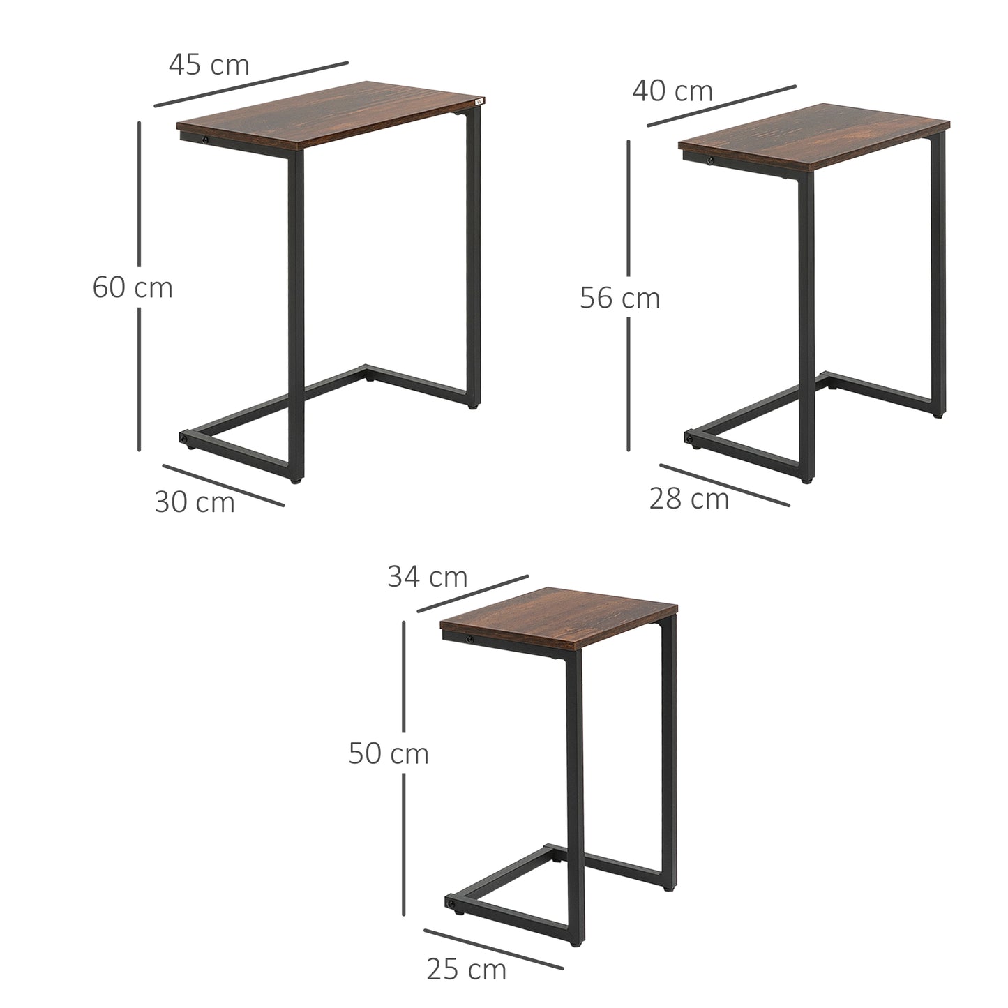 HOMCOM Satztisch, Beistelltisch, 3er-Set, Industrial Design, Stahlrahmen, braun+schwarz, 45 x 30 x 60cm