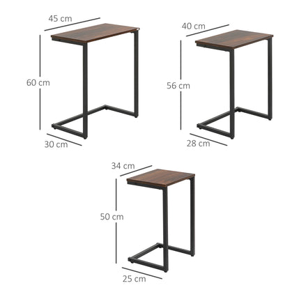 HOMCOM Satztisch, Beistelltisch, 3er-Set, Industrial Design, Stahlrahmen, braun+schwarz, 45 x 30 x 60cm