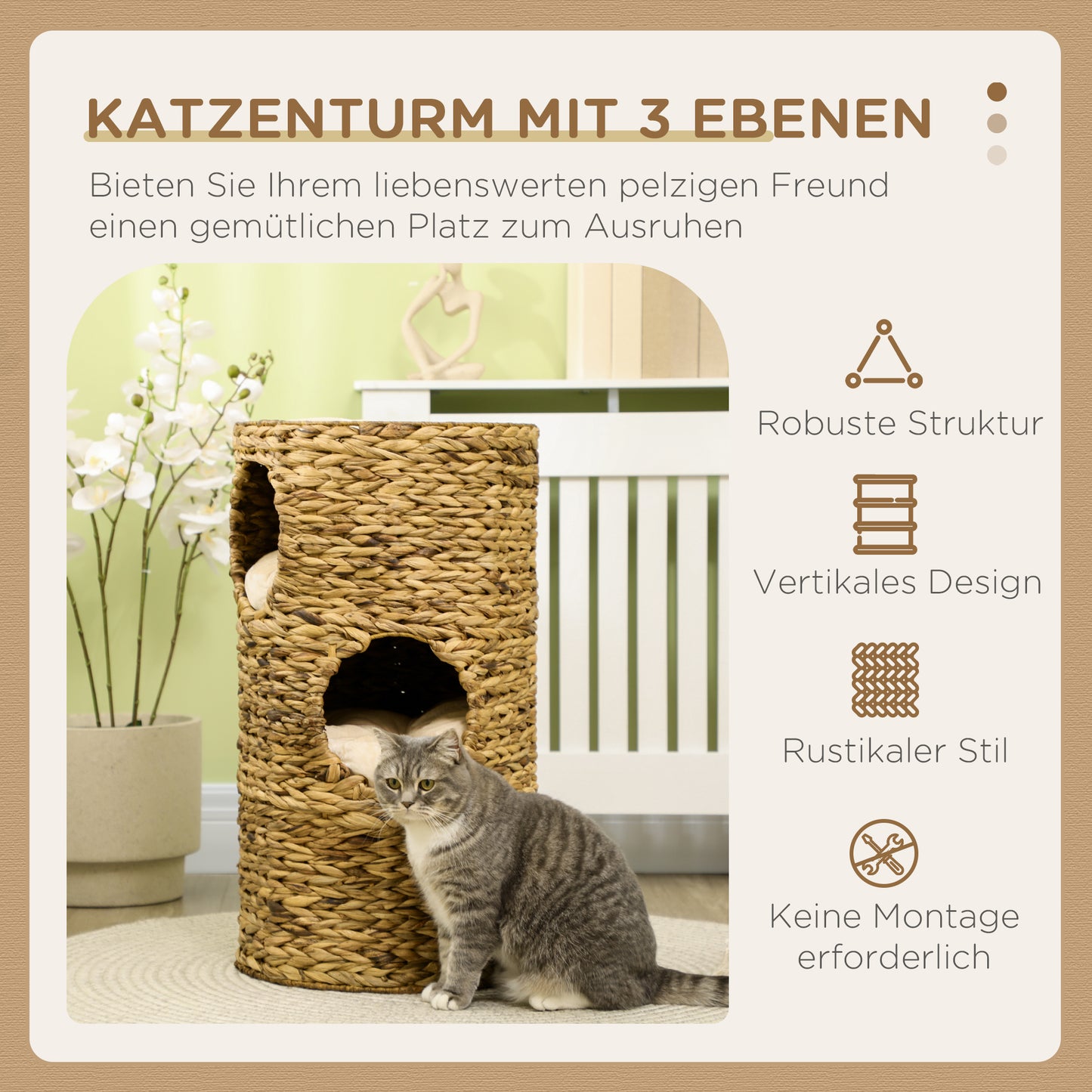 PawHut Katzenhöhle mit 3 Ebenen, 3 Eingänge, Boho-Design, inkl. Kissen, 40 cm x 40 cm x 73 cm, Hellbraun + Cremeweiß