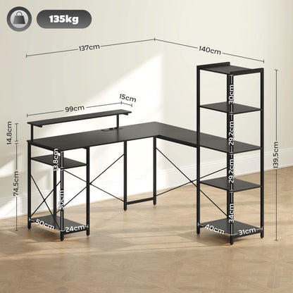 HOMCOM L-förmiger Schreibtisch mit Ladestation, Eck-Computertisch mit Monitorständer und Regalen, für Homeoffice, Büro, Schwarz
